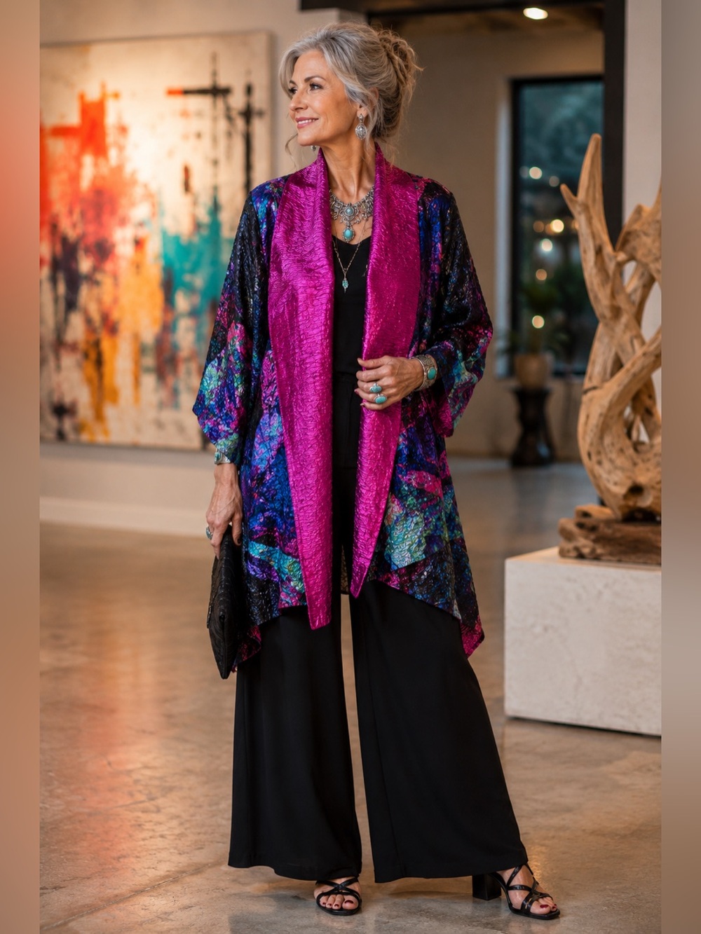 Vintage Art To Wear Crinkle Silk Blend Open Front O/S Kimono Cardigan Lagenlook